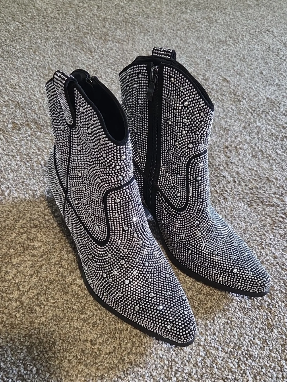 Embellished Black and Silver Western Ankle Boots